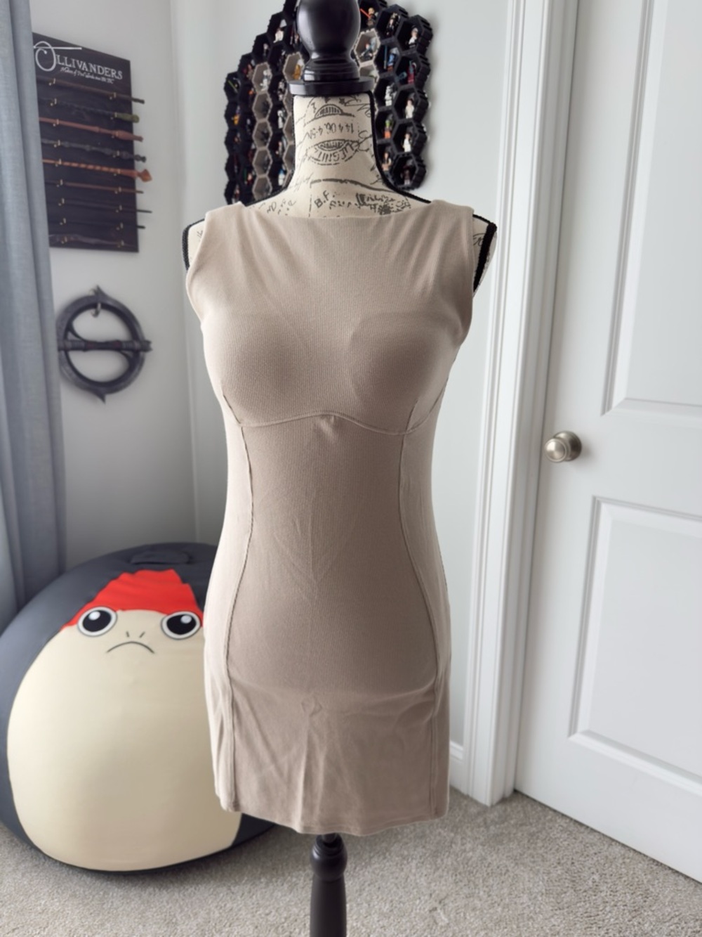 OGL Move Sleeveless Beige Bodycon Dress